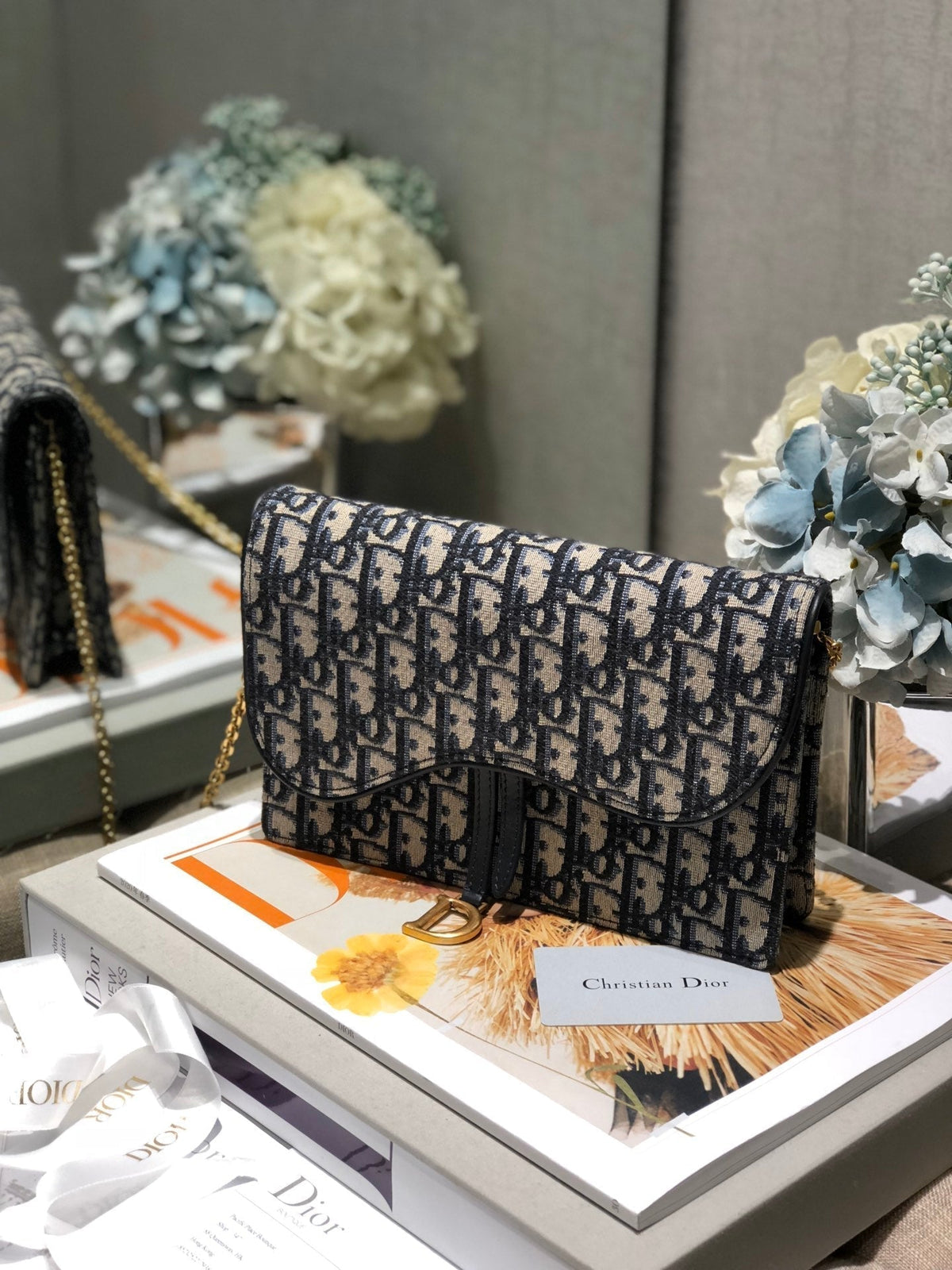 DIOR CD Saddle Pouch With Chain Blue Obique Embroidery