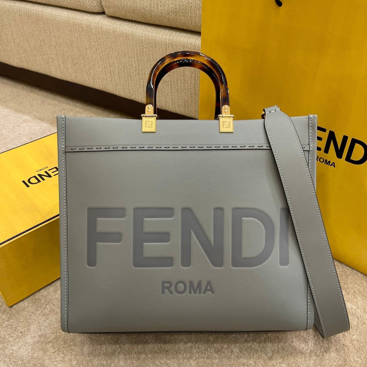 FENDI SHINE LARGE 35 TOTE IN SHADOW GREY CALFSKIN