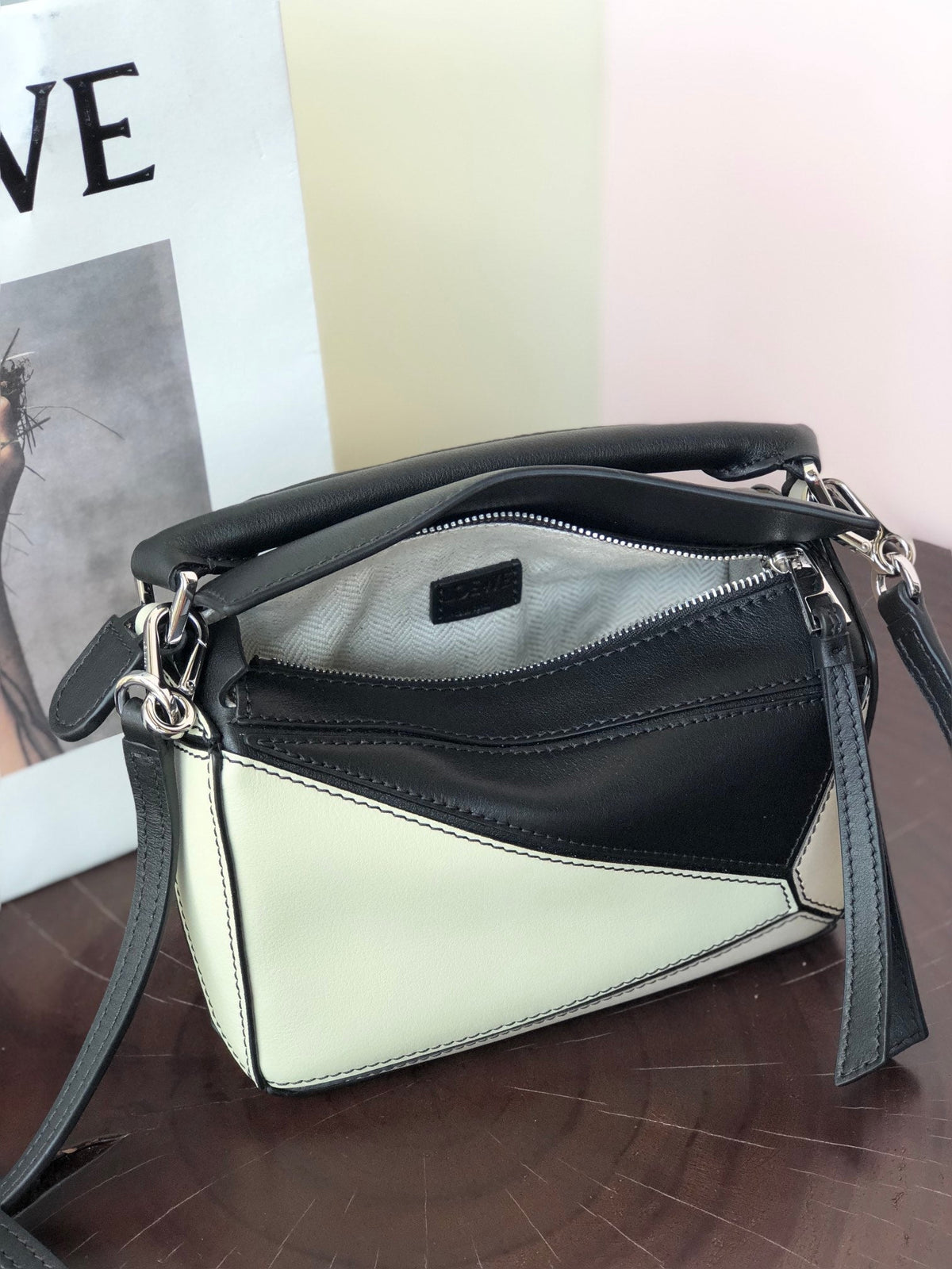 LOEWE LOE MINI 18 PUZZLE BAG IN WHITE MIX BLACK CALFSKIN