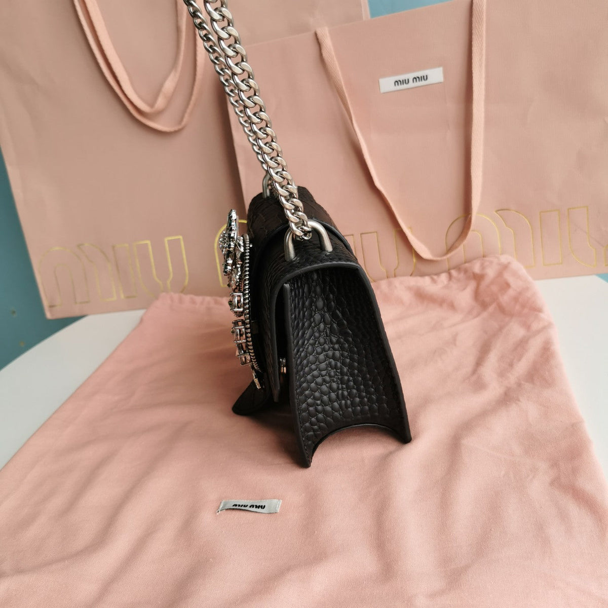 MIU MIU LADY 20 HANDBAG IN CROCODILE PATTERN BLACK CALFSKIN