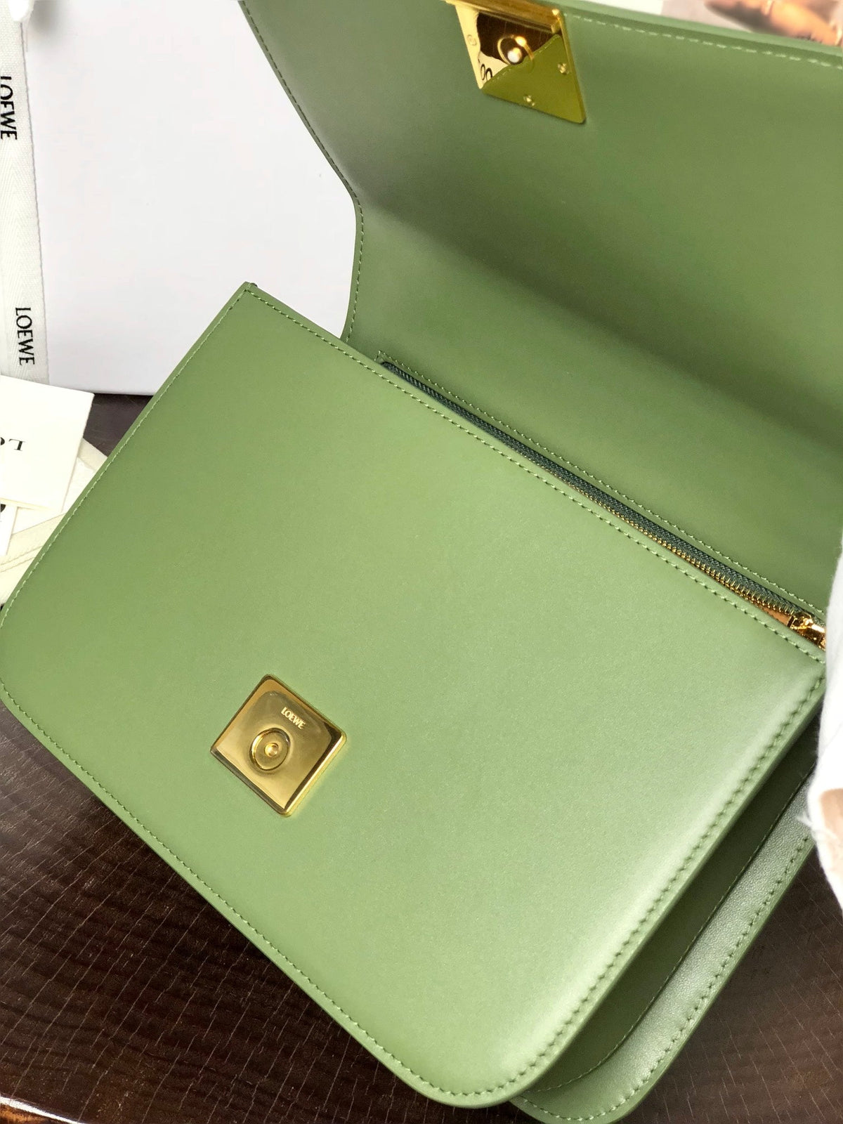 LOEWE GOYA 18 BAG IN AVOCADO GREEN SILK CALFSKIN