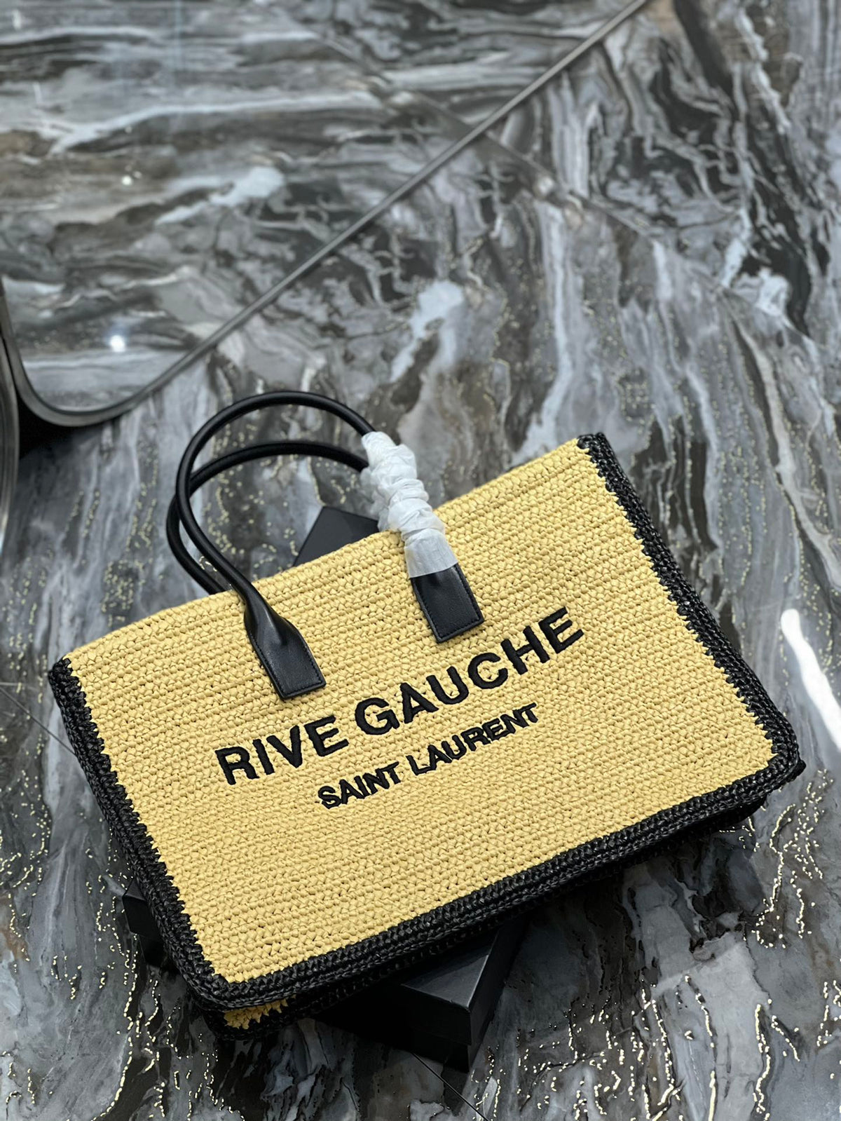 SAINT LAURENT RIVE GAUCHE TOTE BAG 48 IN LIGHT YELLOW AND BLACK TRIM RAFFIA