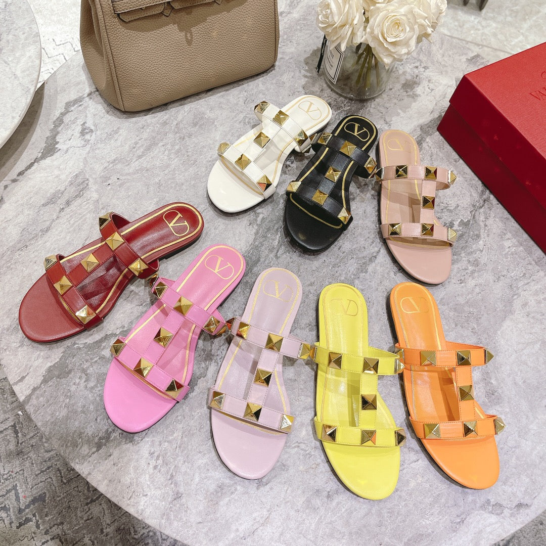 ROMAN STUD CHERRY RED CALFSKIN FLAT SLIDE SANDAL 25 MM