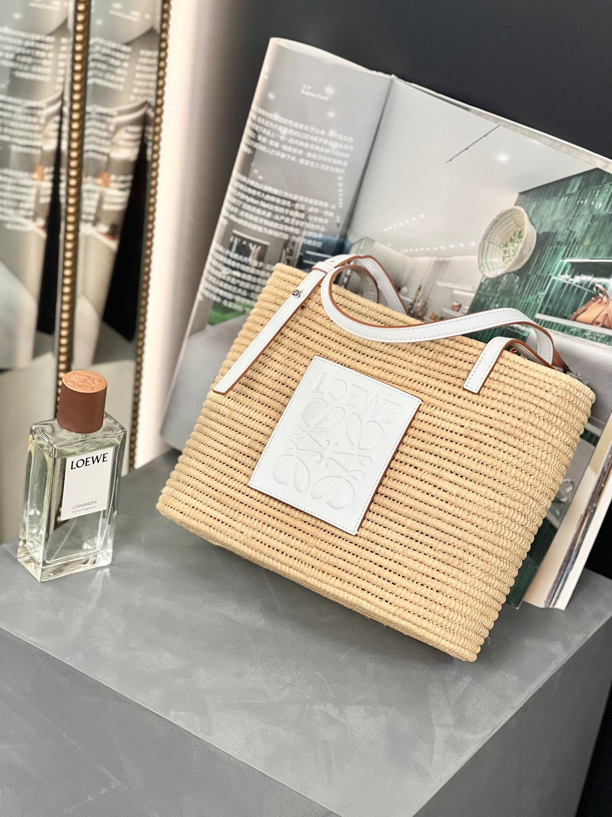 LOEWE SMALL SQUARE 28 BASKET BAG IN RAFFIA AND WHITE CALFSKIN