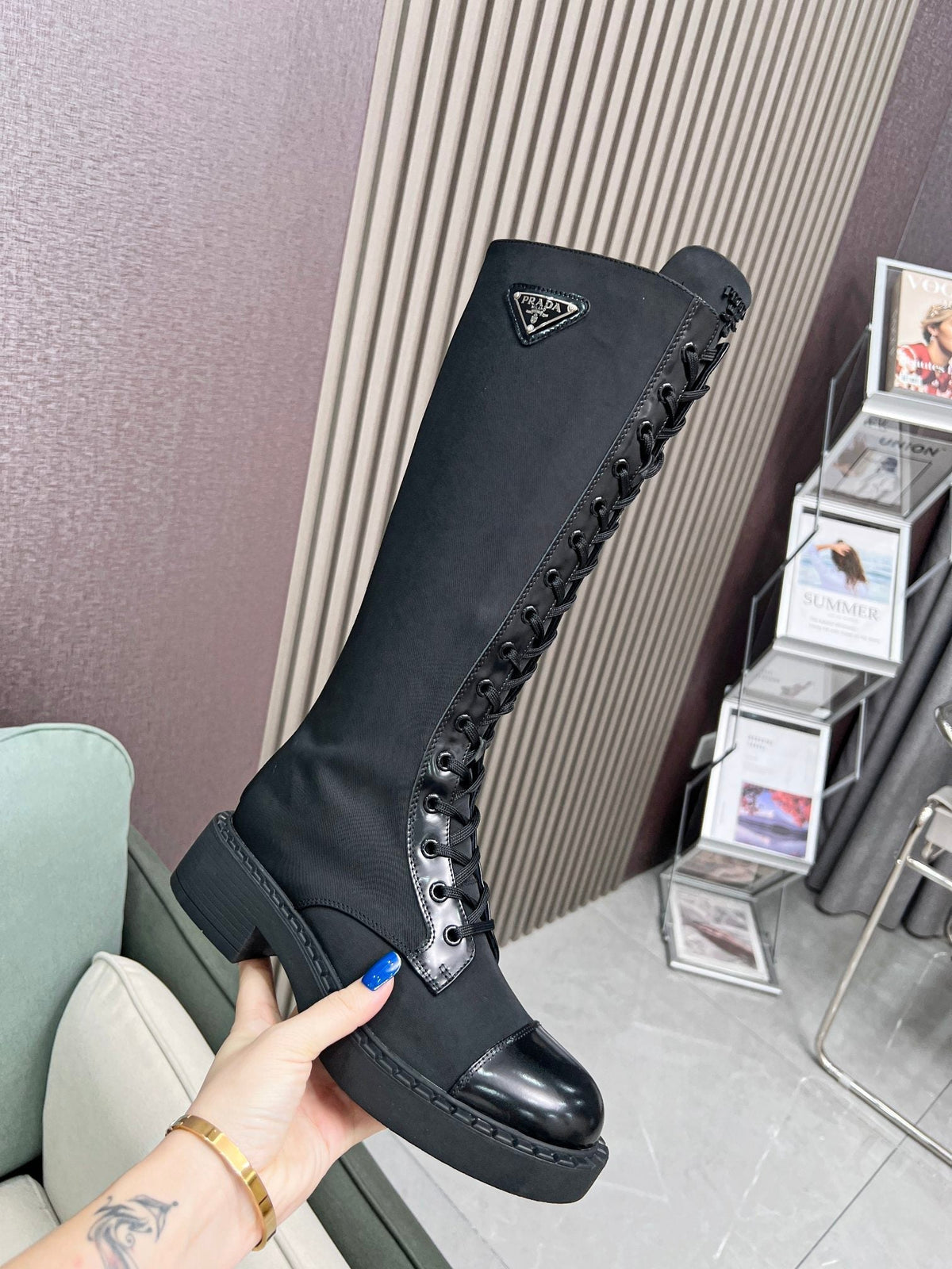 PRADA LACE-UP KNEE BOOTS IN BLACK DENIM AND SHEEPSKIN LINING