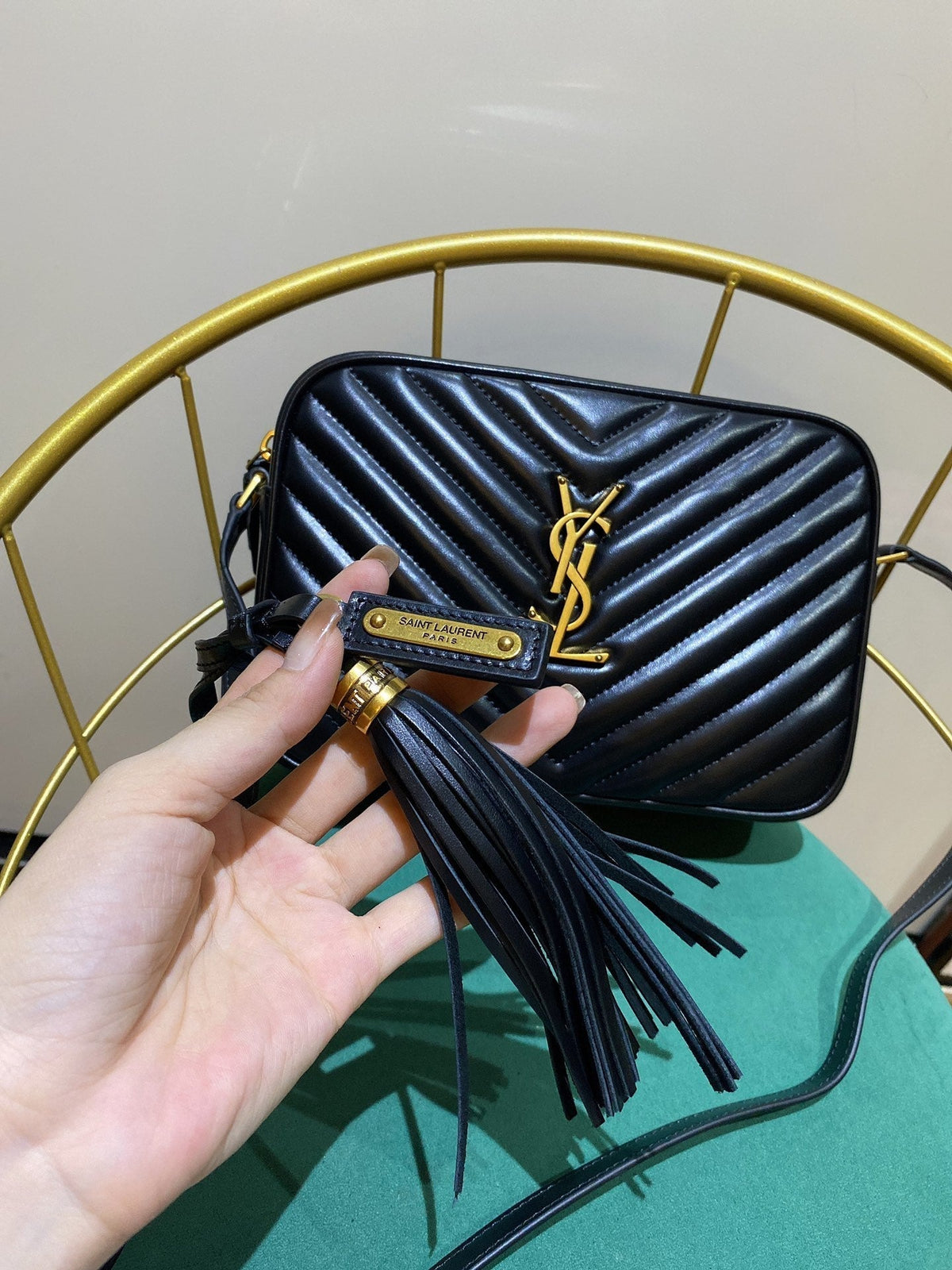 SAINT LAURENT LOU 23 CAMERA BAG IN BLACK/ GOLD QUILTED LEATHER