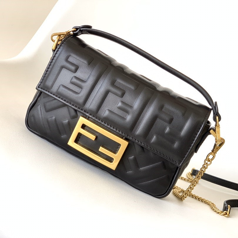 FENDI Mini Baguette Bag 20 With FF Motif Black Leather Ghw