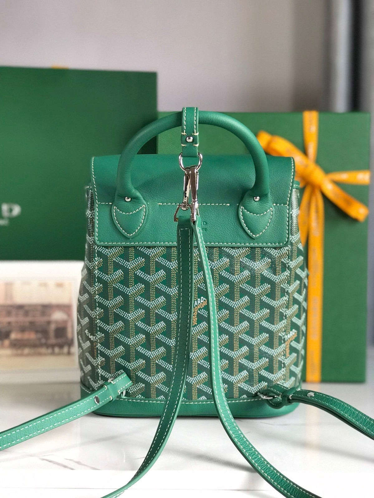GOYARD ALPIN MINI BACKPACK 21 IN GREEN LAMBSKIN AND GOYARDINE CANVAS