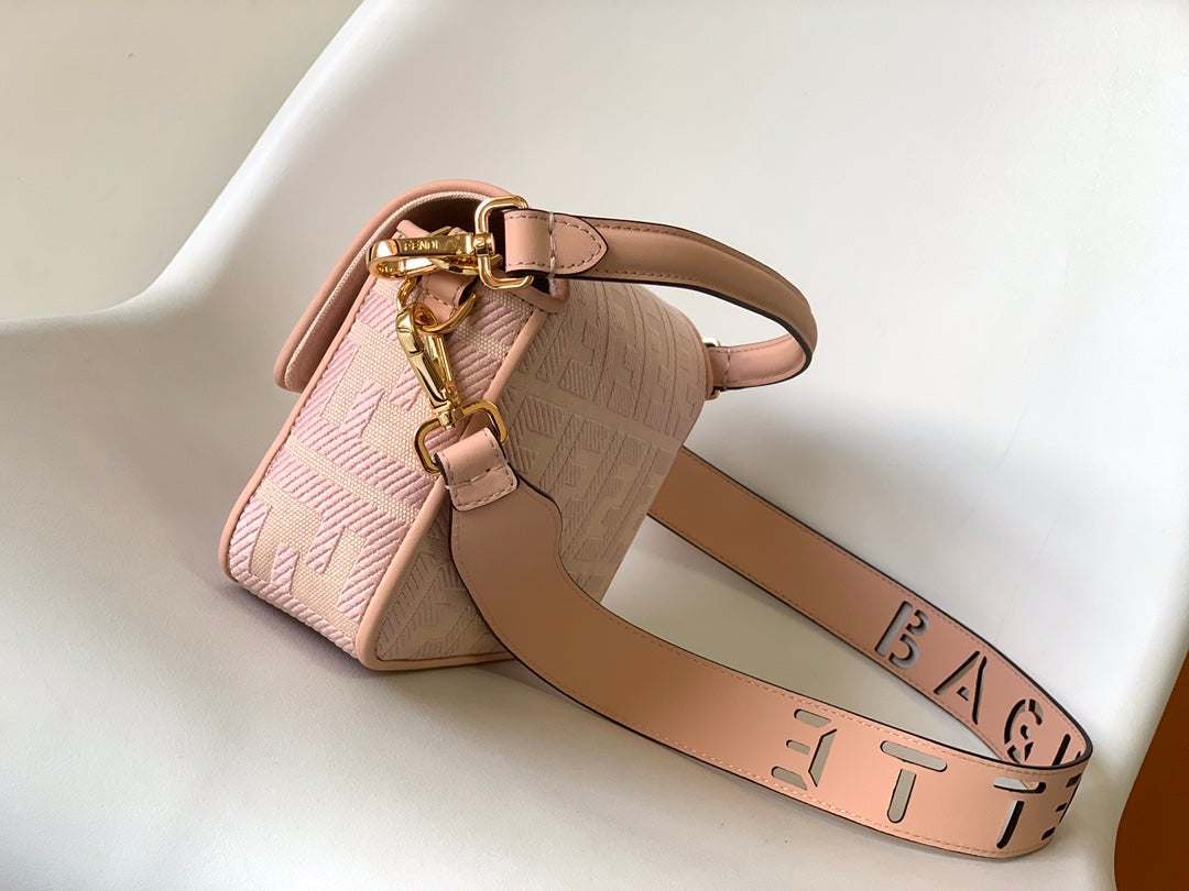 FENDI Fend Baguette Pink Canvas Bag 27 with FF Embroidery Ghw