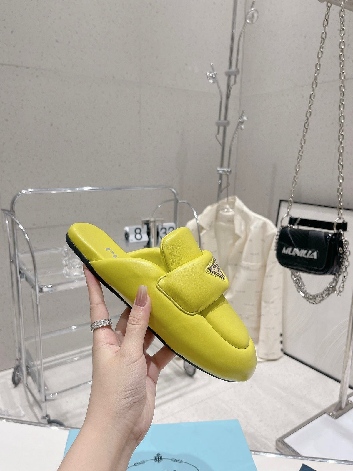 PRADA SOFT PADDED NAPPA SHEARLING MULES LIME LAMBSKIN