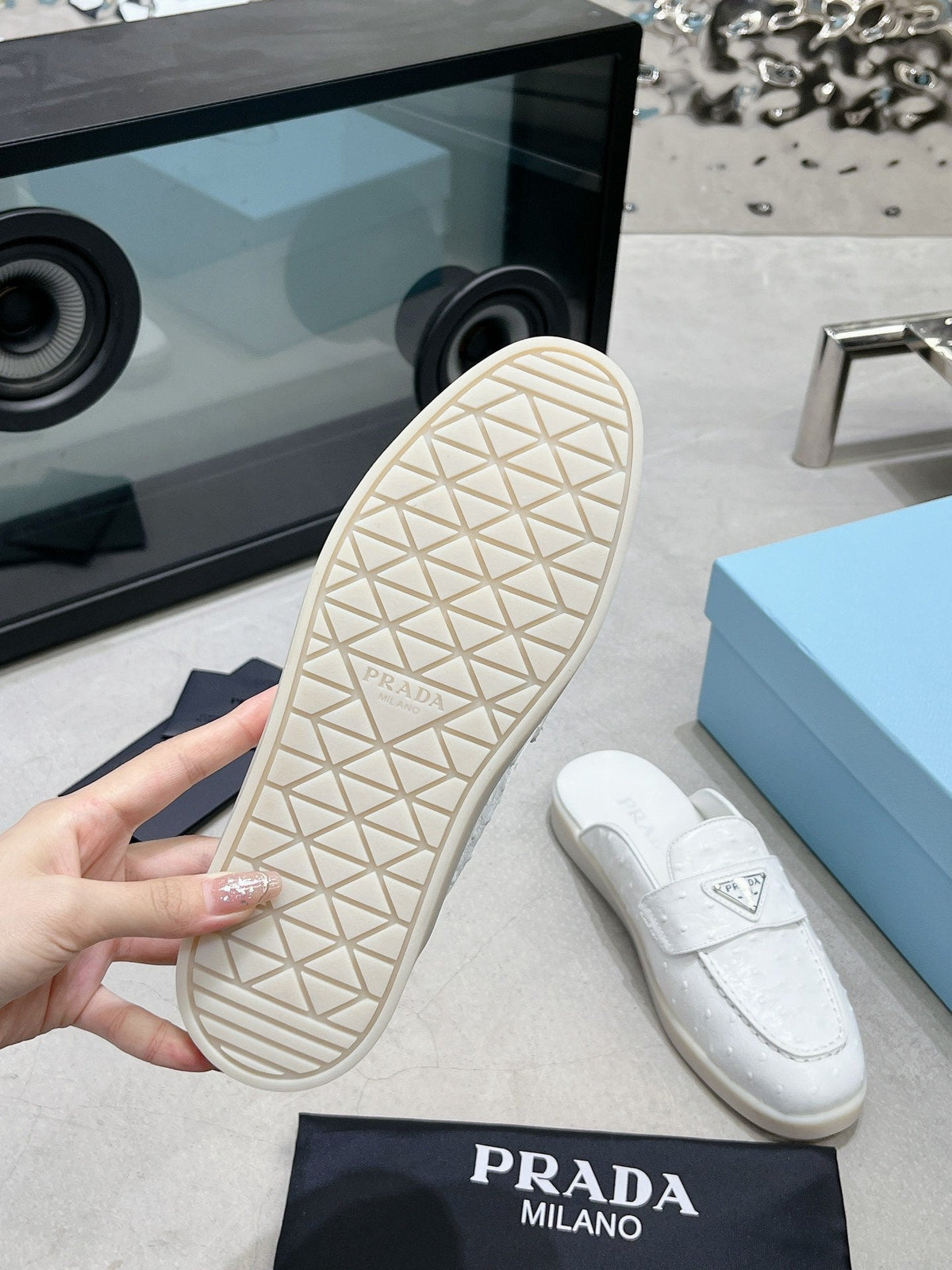 PRADA OSTRICH PATTERN MULES WHITE CALFSKIN