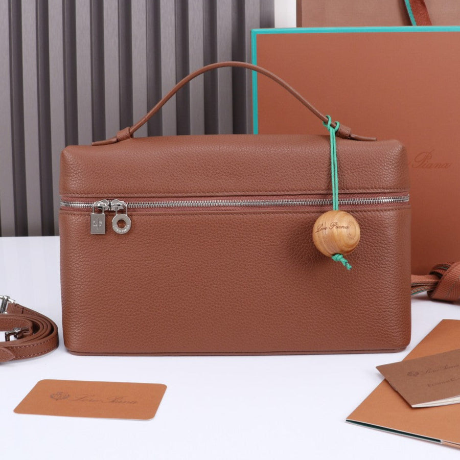 LORO PIANA EXTRA BAG L27 IN UMBER BROWN GRAINED CALFSKIN WITH SILVER HARDWARE