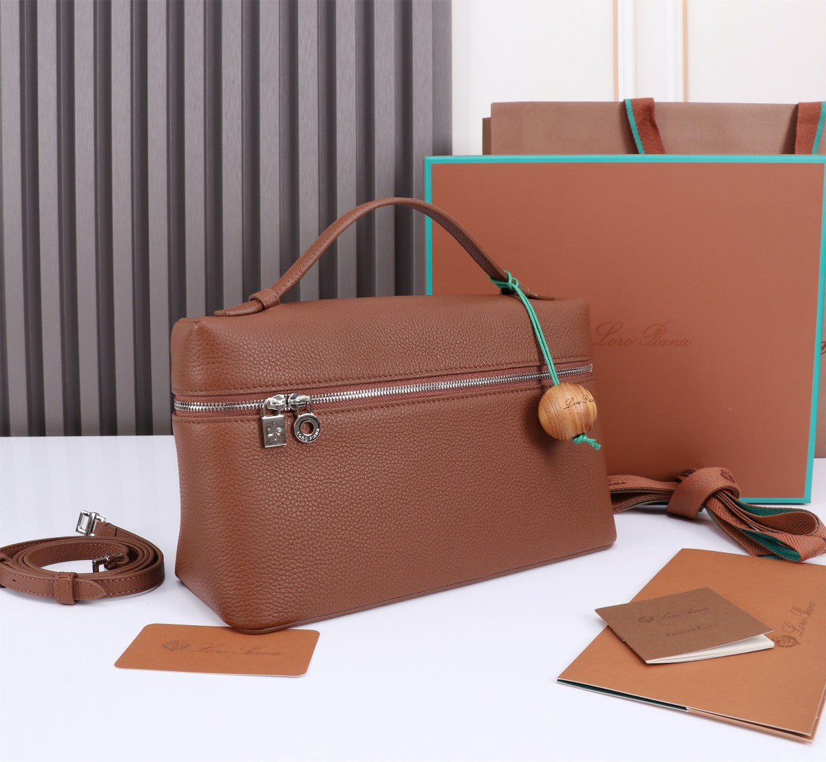 LORO PIANA EXTRA BAG L27 IN UMBER BROWN GRAINED CALFSKIN WITH SILVER HARDWARE