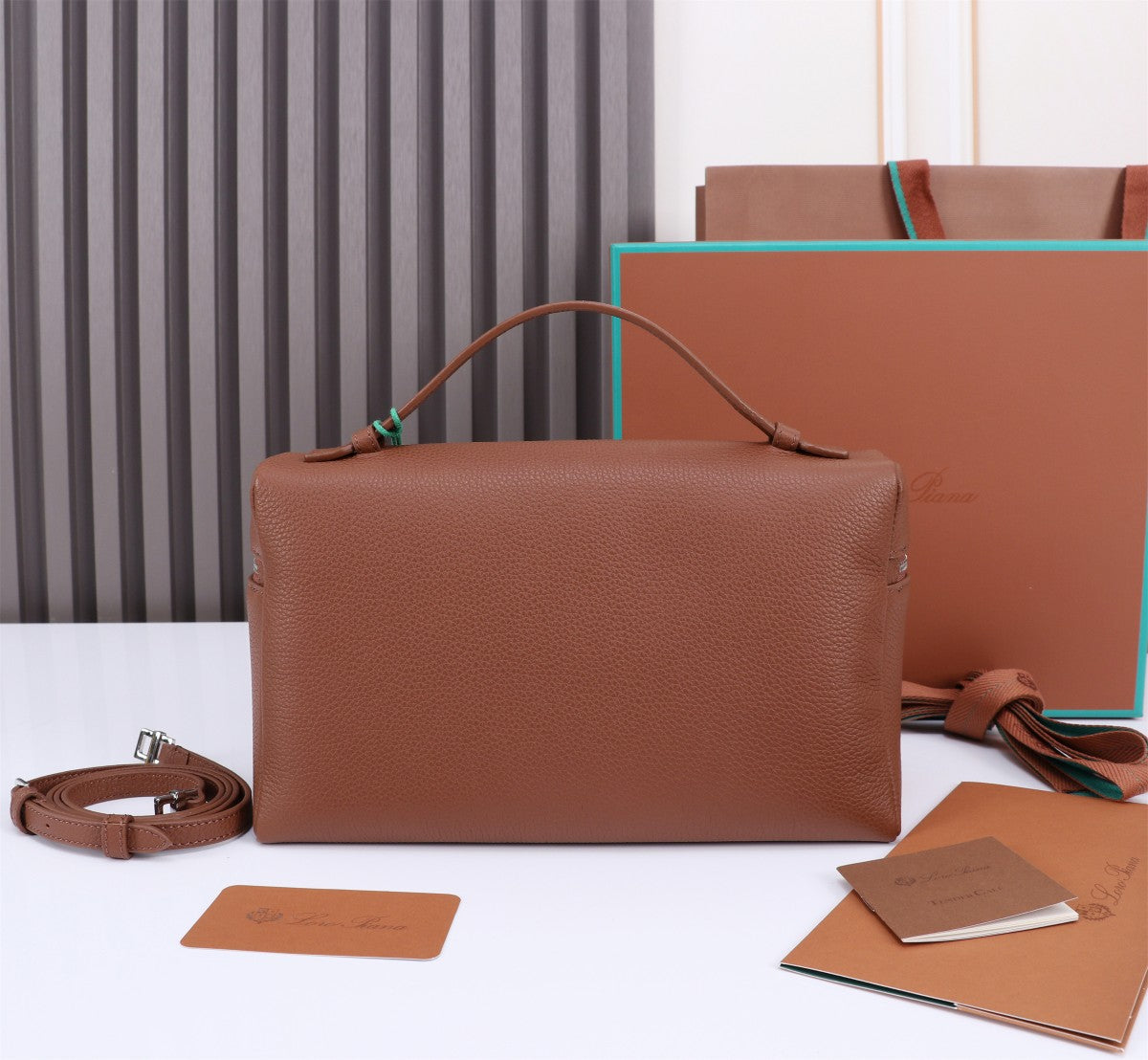 LORO PIANA EXTRA BAG L27 IN UMBER BROWN GRAINED CALFSKIN WITH SILVER HARDWARE