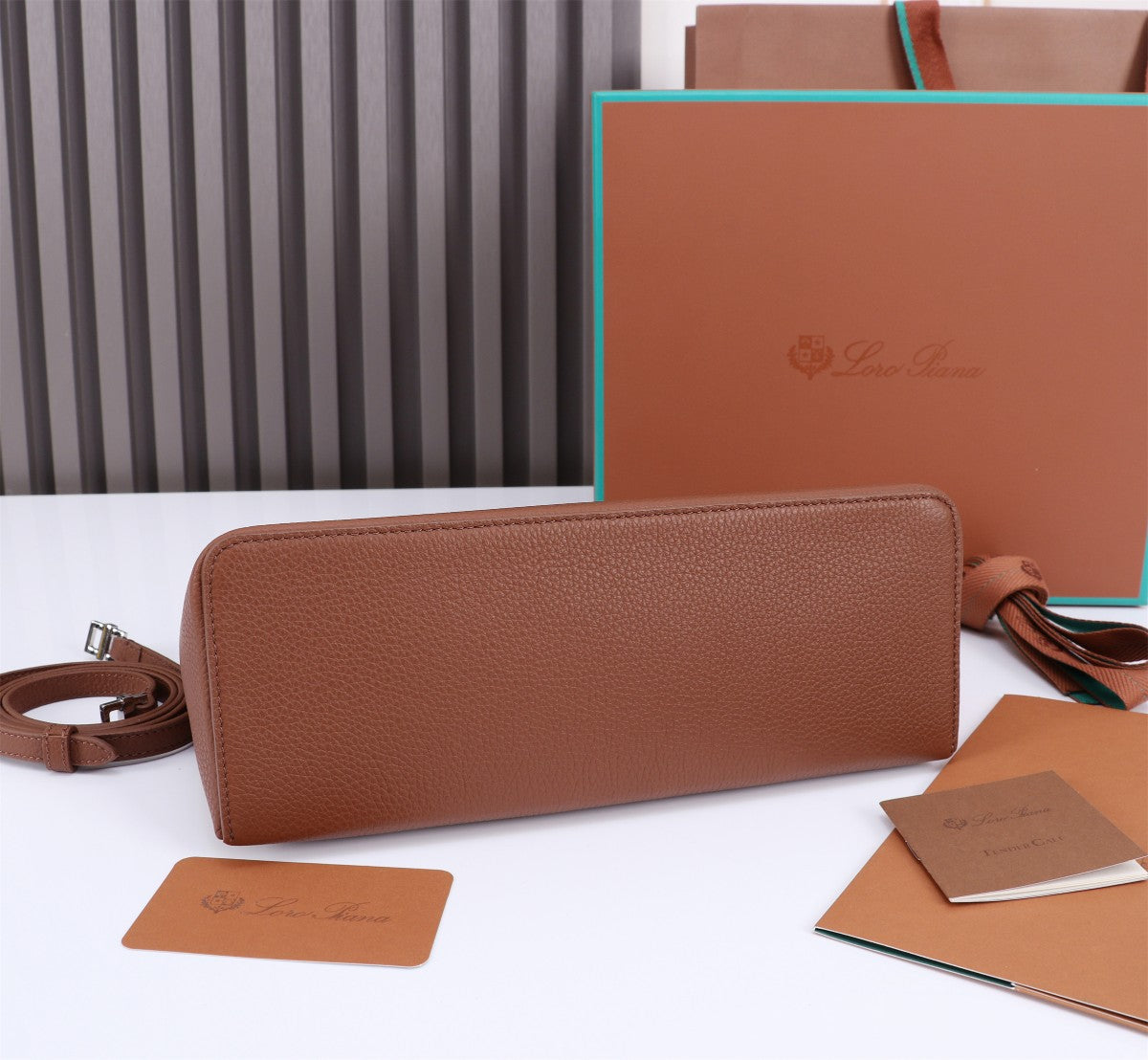 LORO PIANA EXTRA BAG L27 IN UMBER BROWN GRAINED CALFSKIN WITH SILVER HARDWARE