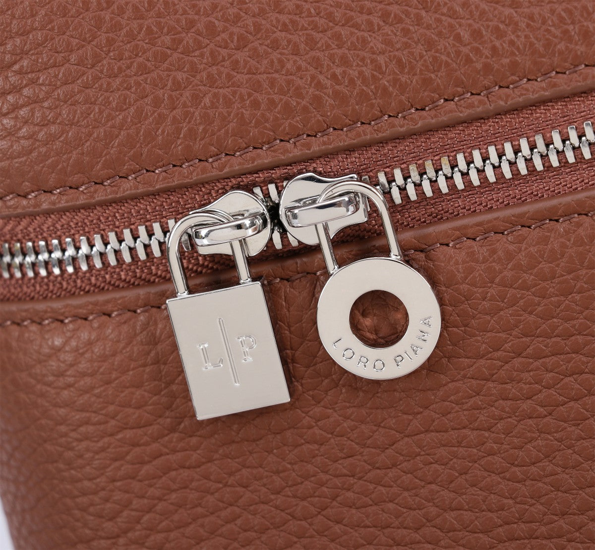 LORO PIANA EXTRA BAG L27 IN UMBER BROWN GRAINED CALFSKIN WITH SILVER HARDWARE