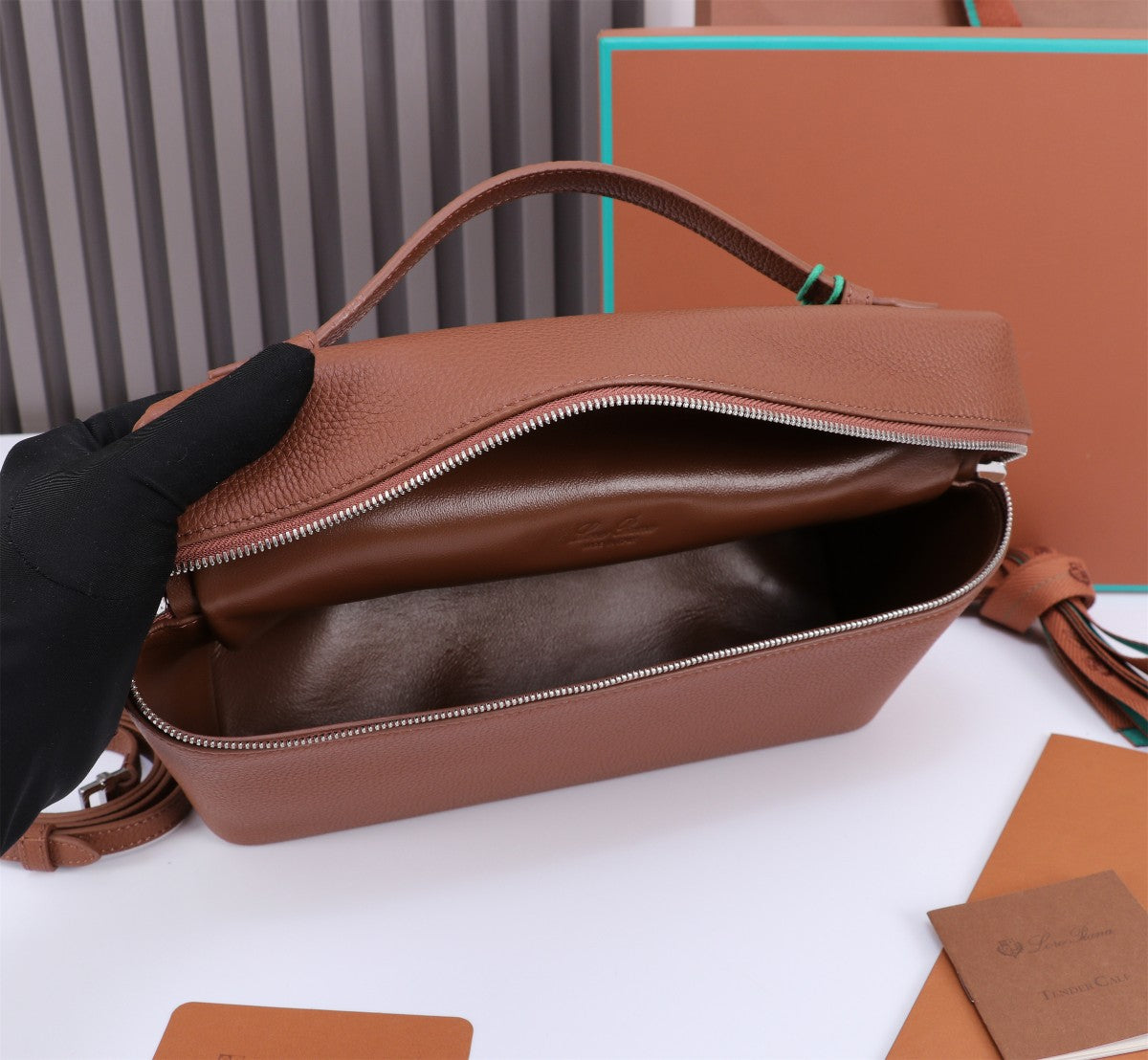 LORO PIANA EXTRA BAG L27 IN UMBER BROWN GRAINED CALFSKIN WITH SILVER HARDWARE