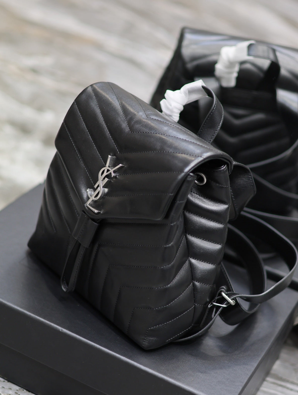SAINT LAURENT LOU BACKPACK 26 IN BLACK QUILTED CALFSKIN SILVER HARDWARE
