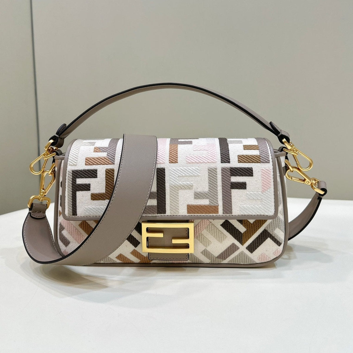FENDI BAGUETTE CANVAS 27 BAG GREY STRAP WITH MULTICOLOUR EMBROIDERY GOLD HARDWARE