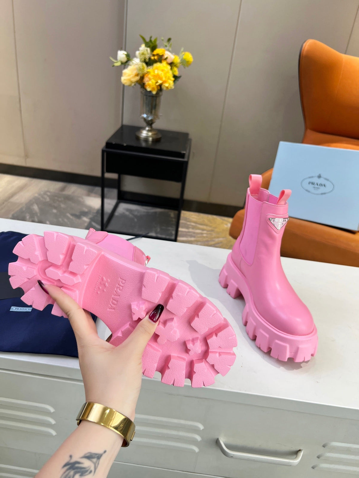 PRADA MONOLITH BRUSHED BOOTIES 55 BRIGHT PINK CALFSKIN