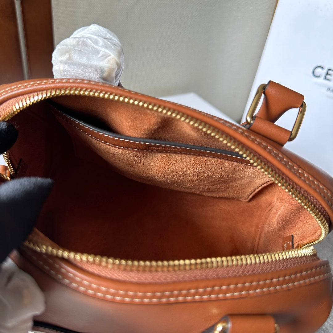 CELINE EMBOSSED TOP HANDLE BAG 20 IN BROWN CALFSKIN