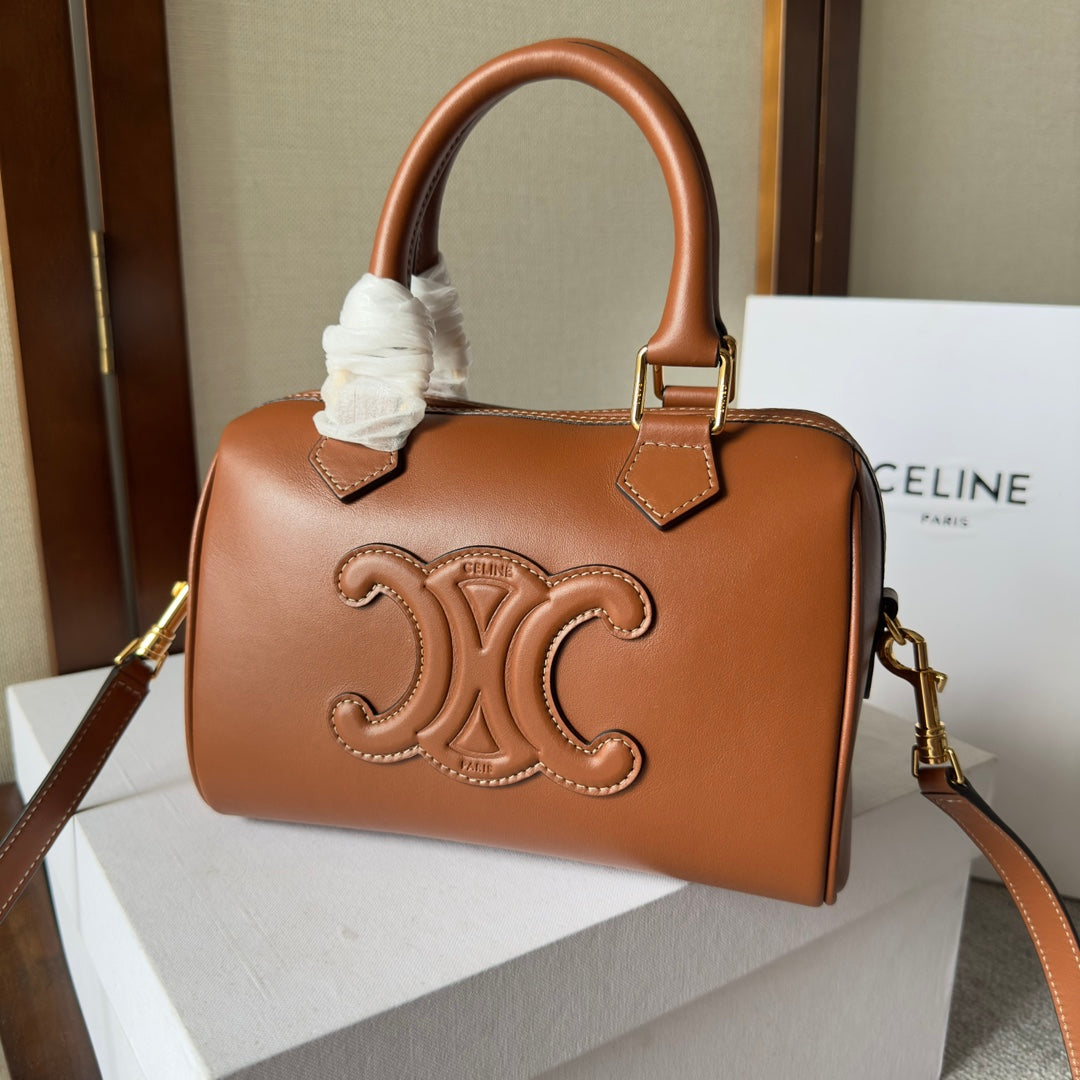 CELINE EMBOSSED TOP HANDLE BAG 20 IN BROWN CALFSKIN
