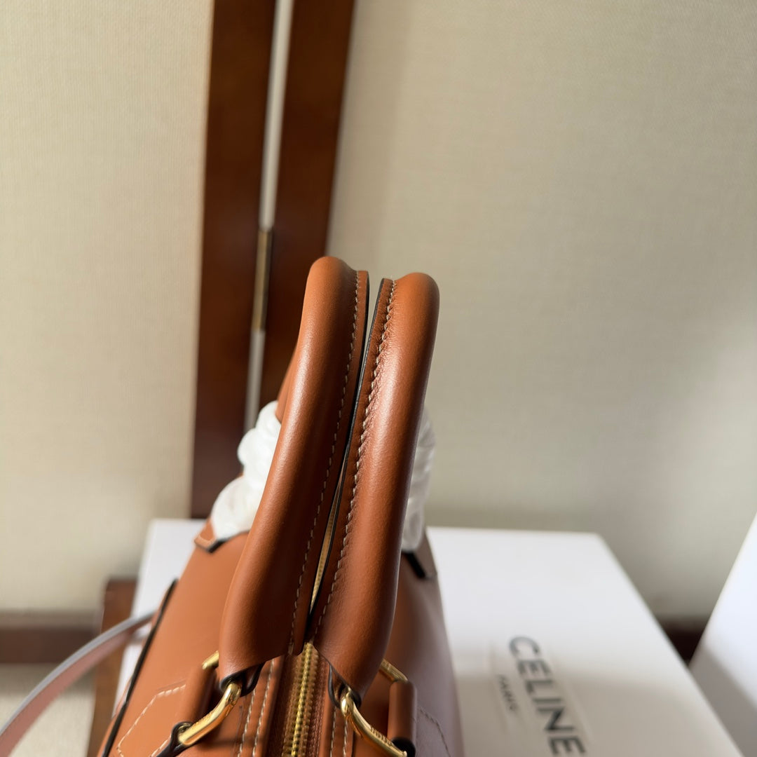 CELINE EMBOSSED TOP HANDLE BAG 20 IN BROWN CALFSKIN