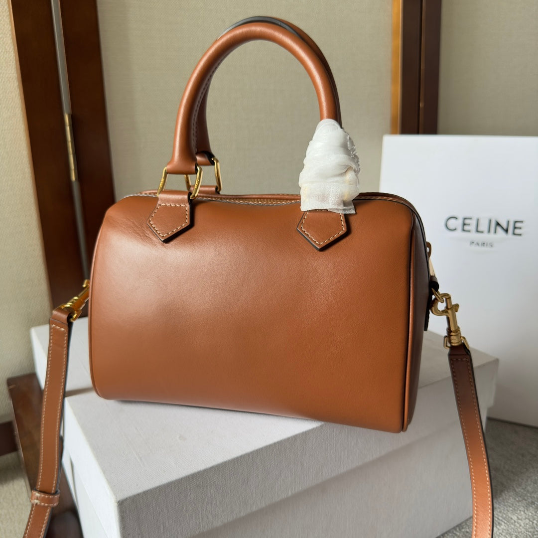 CELINE EMBOSSED TOP HANDLE BAG 20 IN BROWN CALFSKIN