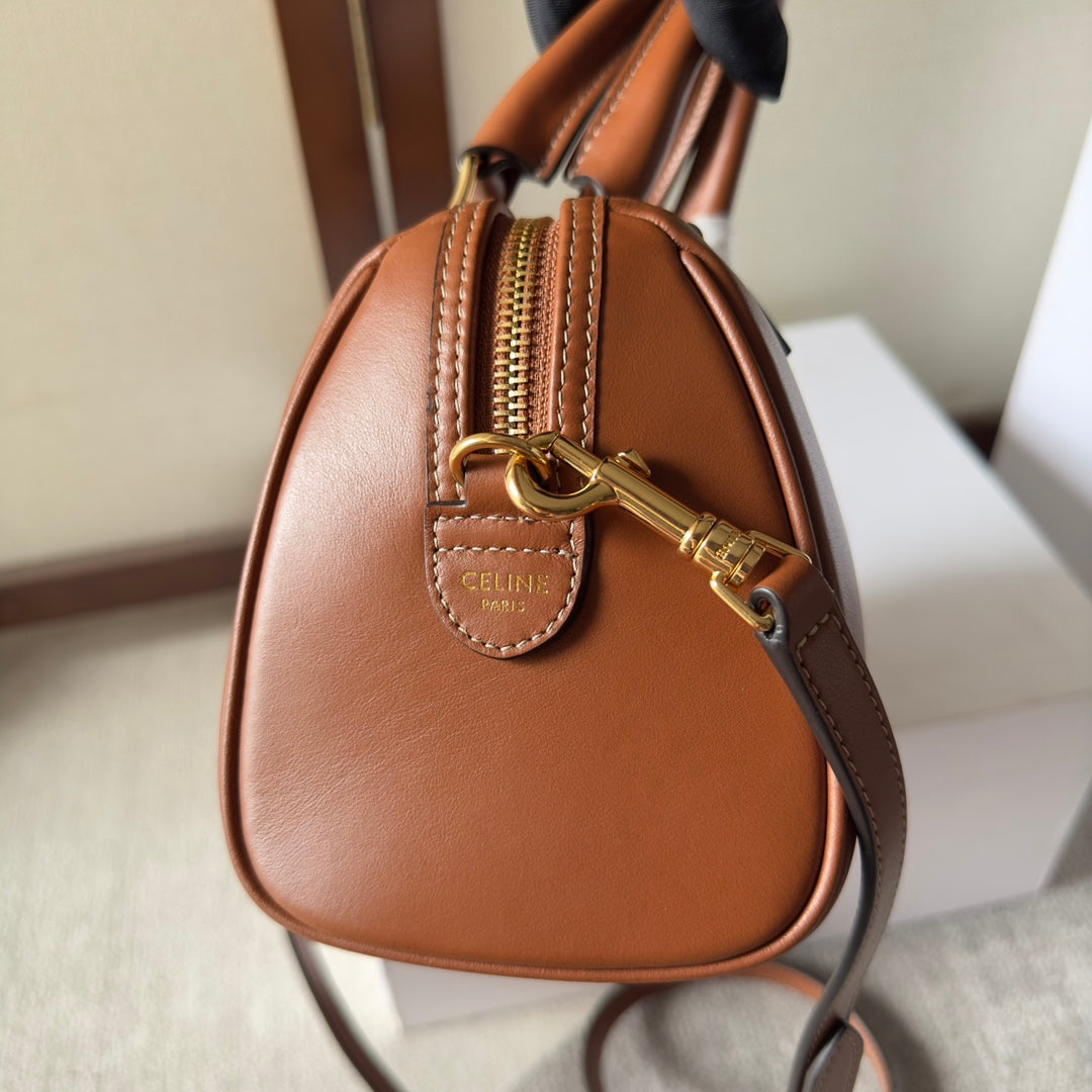 CELINE EMBOSSED TOP HANDLE BAG 20 IN BROWN CALFSKIN