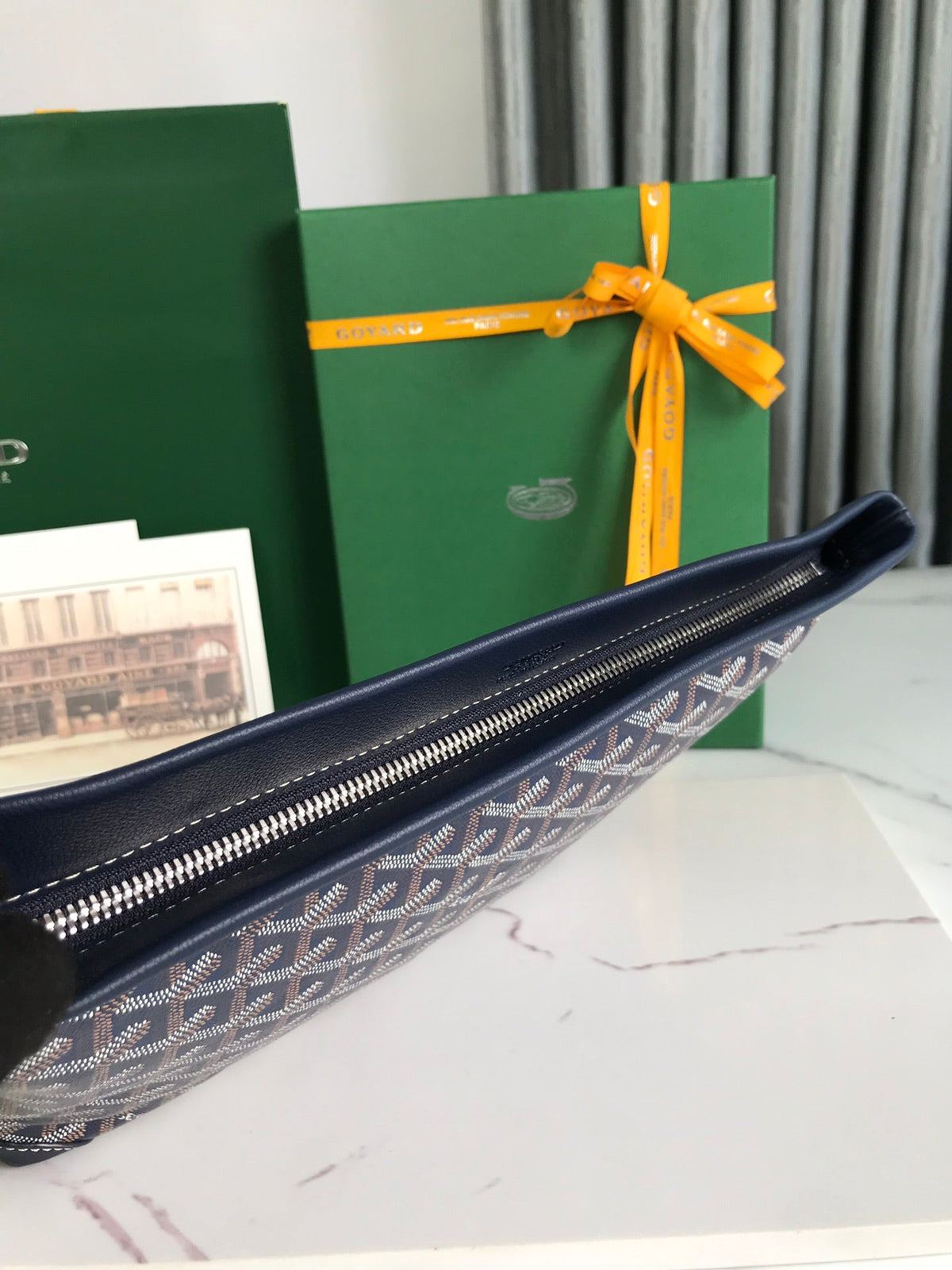 GOYARD CONTI POUCH 24 IN NAVY BLUE LAMBSKIN AND GOYARDINE CANVAS