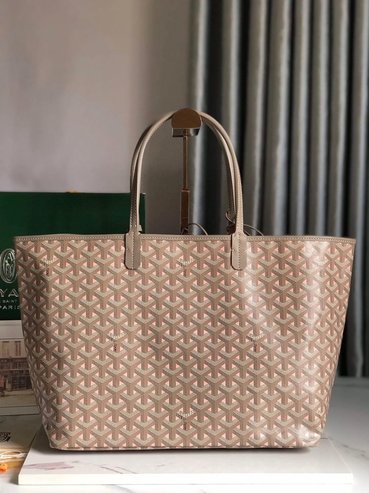 GOYARD SAINT LOUIS PM 34 IN GREY MIX PINK GOYARDINE CANVAS AND CALFSKIN