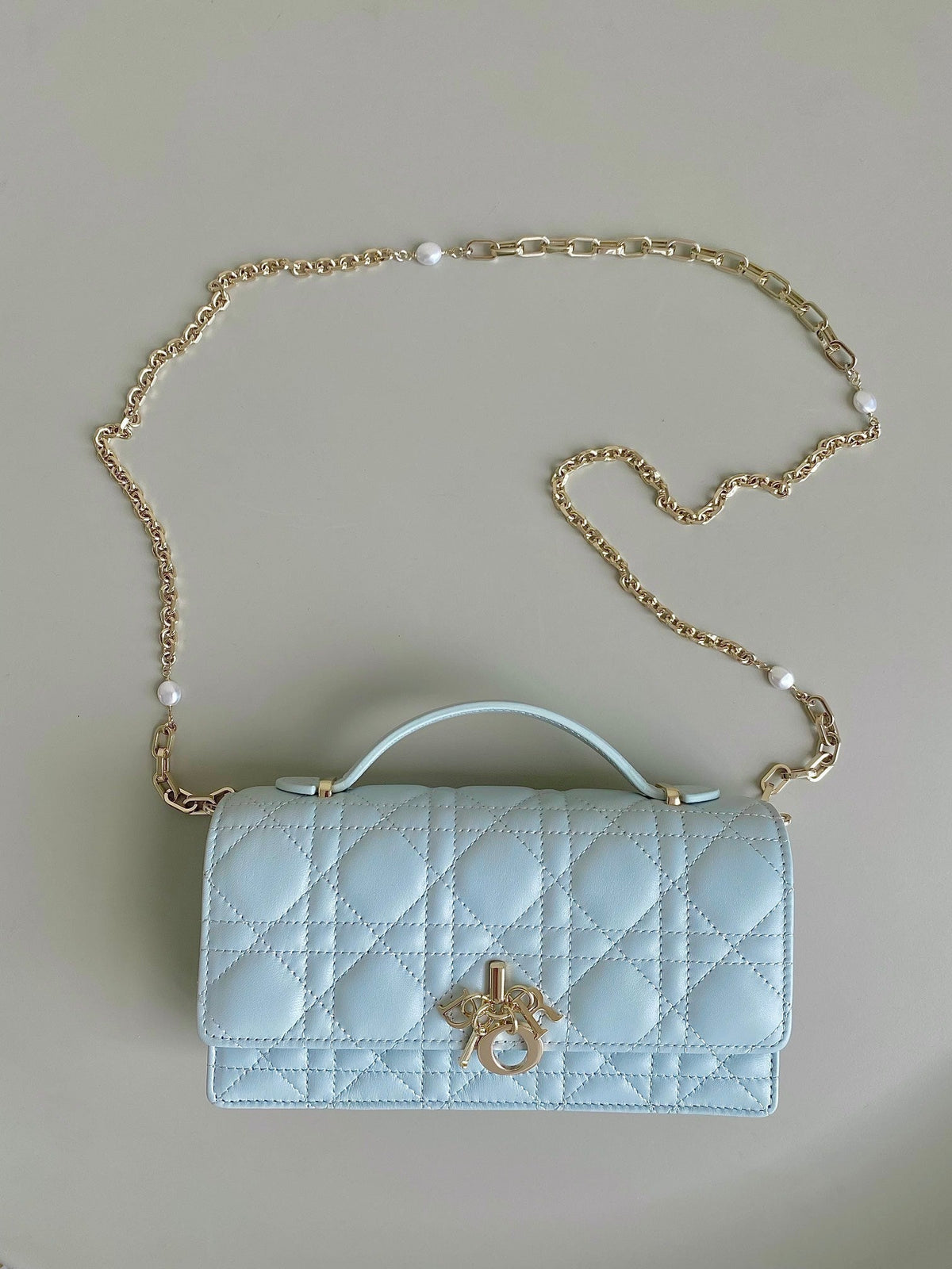 DIOR LADY 21 CHAIN BAG IN LIGHT BLUE LAMBSKIN