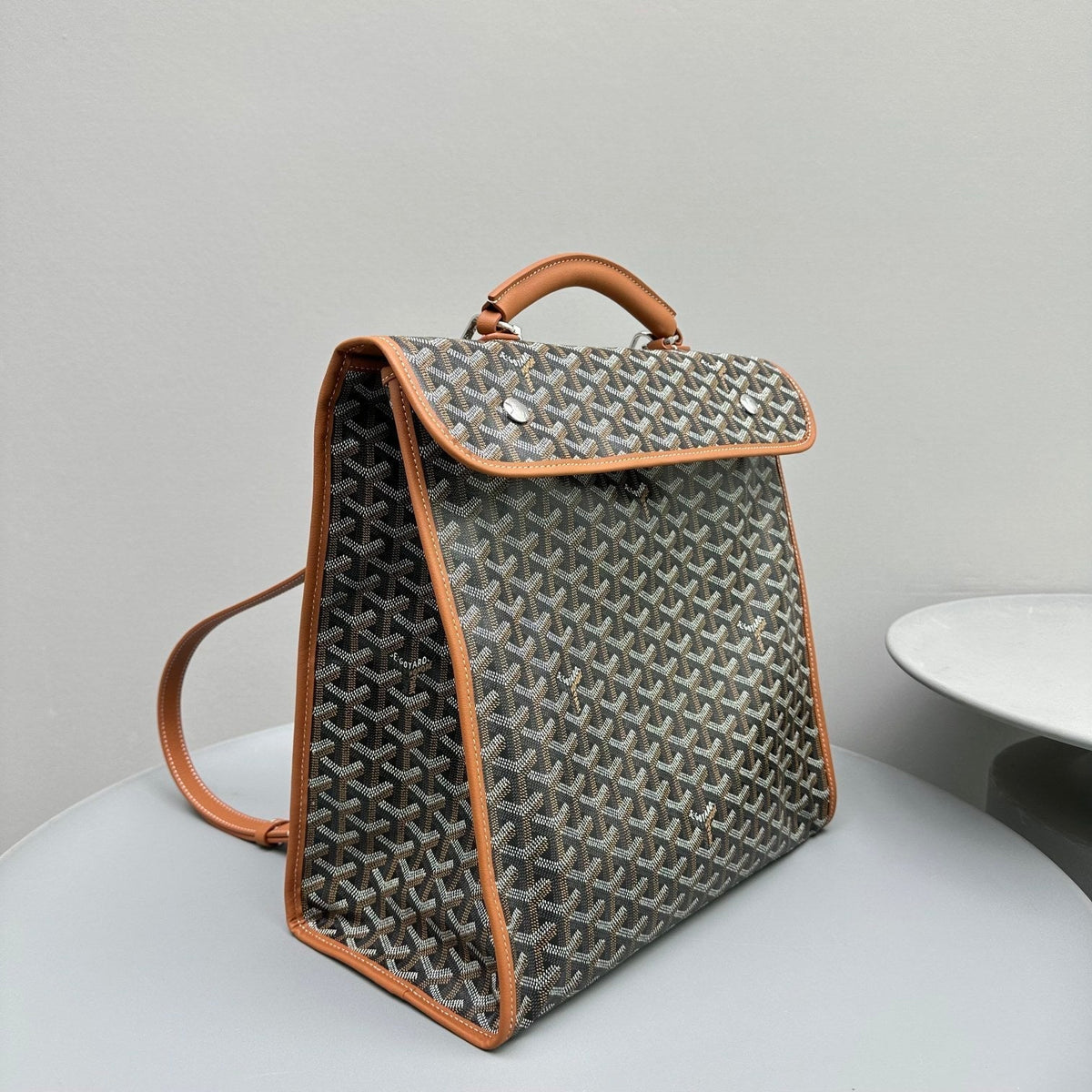 GOYARD LEGER BACKPACK 37 IN BLACK GOYARDINE CANVAS WITH TAN CALFSKIN TRIM
