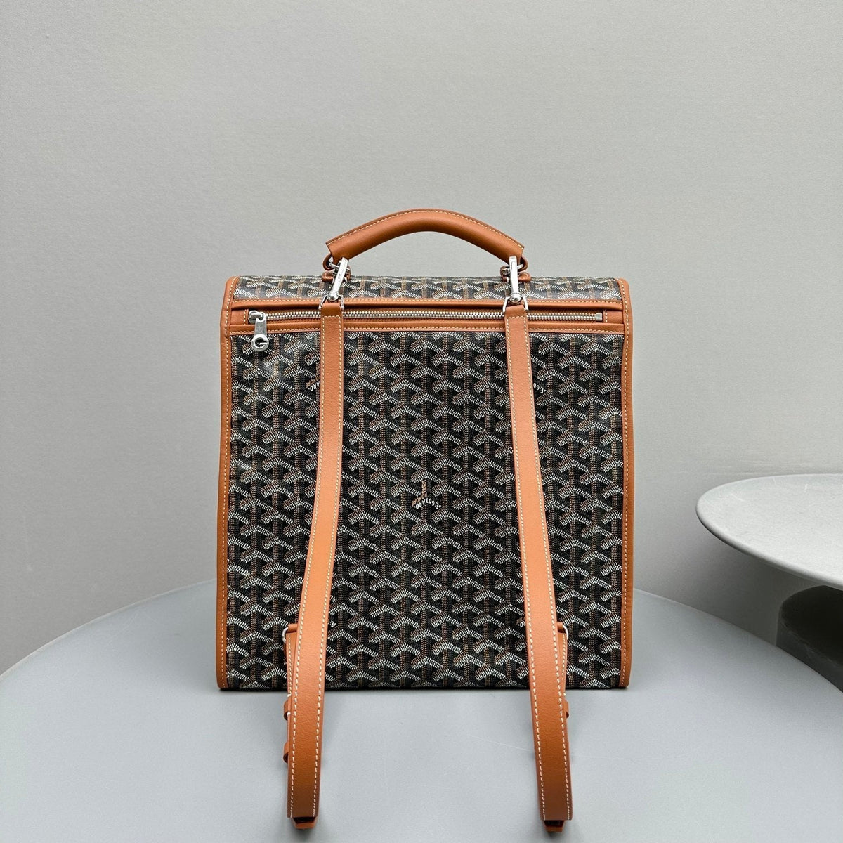 GOYARD LEGER BACKPACK 37 IN BLACK GOYARDINE CANVAS WITH TAN CALFSKIN TRIM