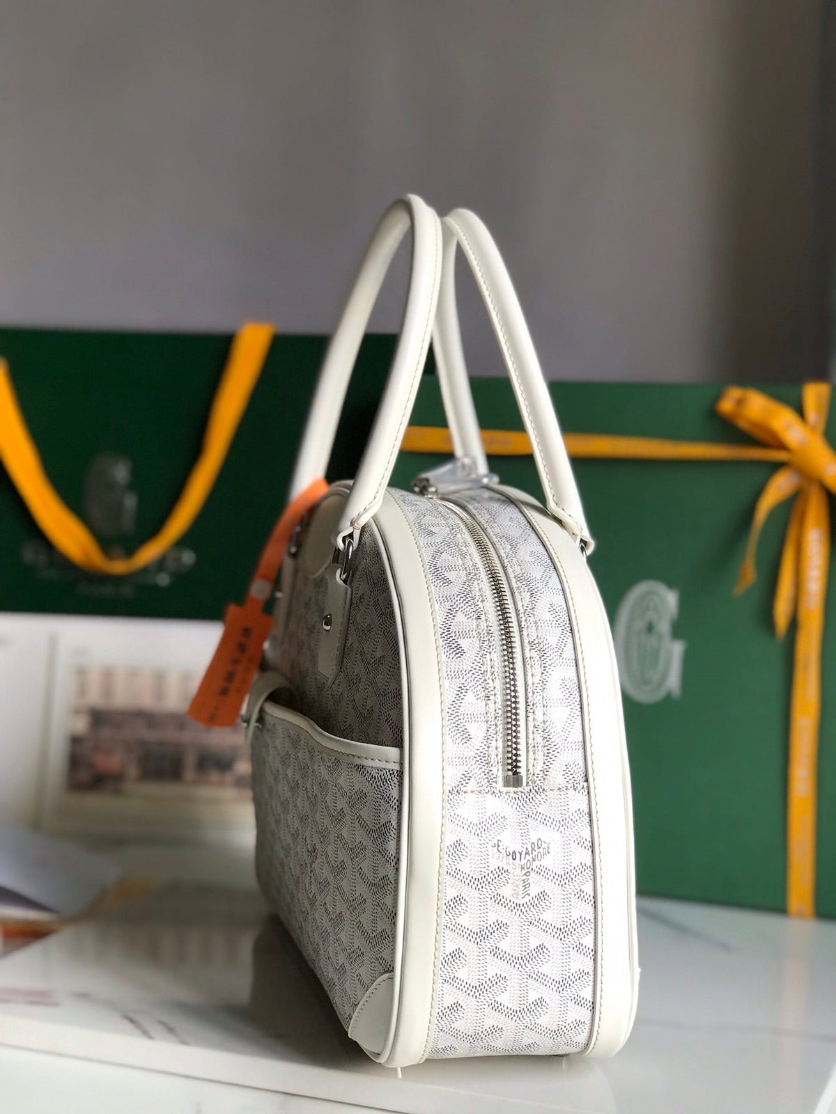 GOYARD SAINT JEANNE BAG 35 IN WHITE GOYARDINE CANVAS AND CALFSKIN
