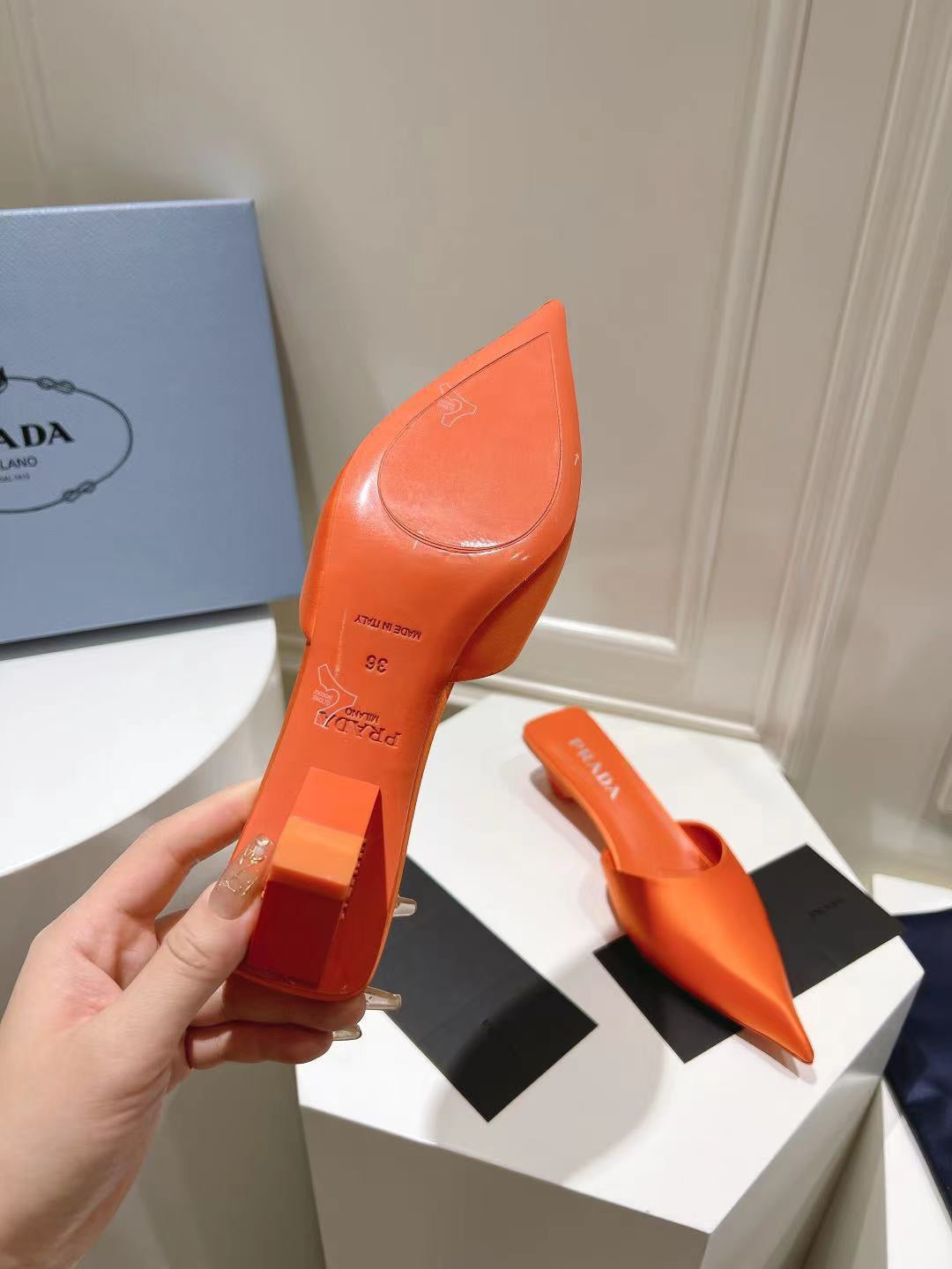 PRADA POINTED-TOE MULES BRIGHT ORANGE SATIN