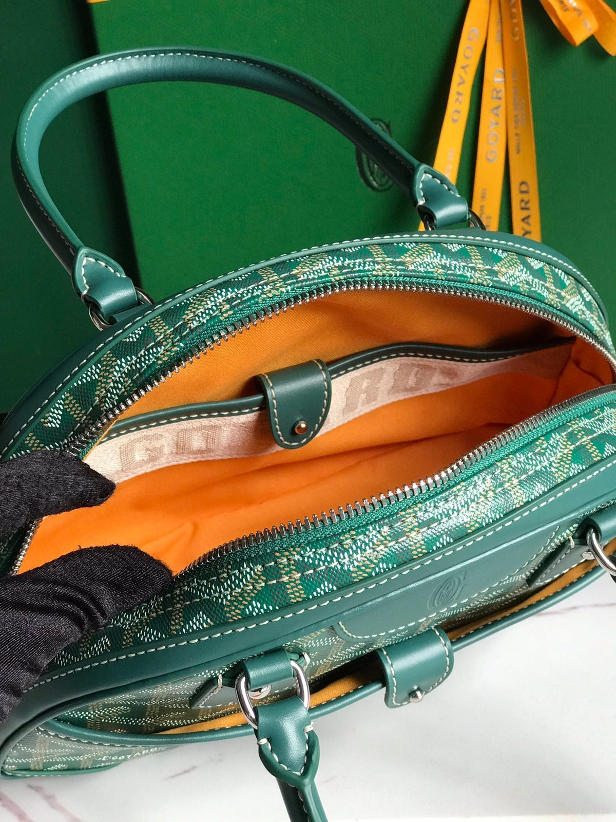 GOYARD SAINT JEANNE MINI BAG 26 IN GREEN GOYARDINE CANVAS AND CALFSKIN