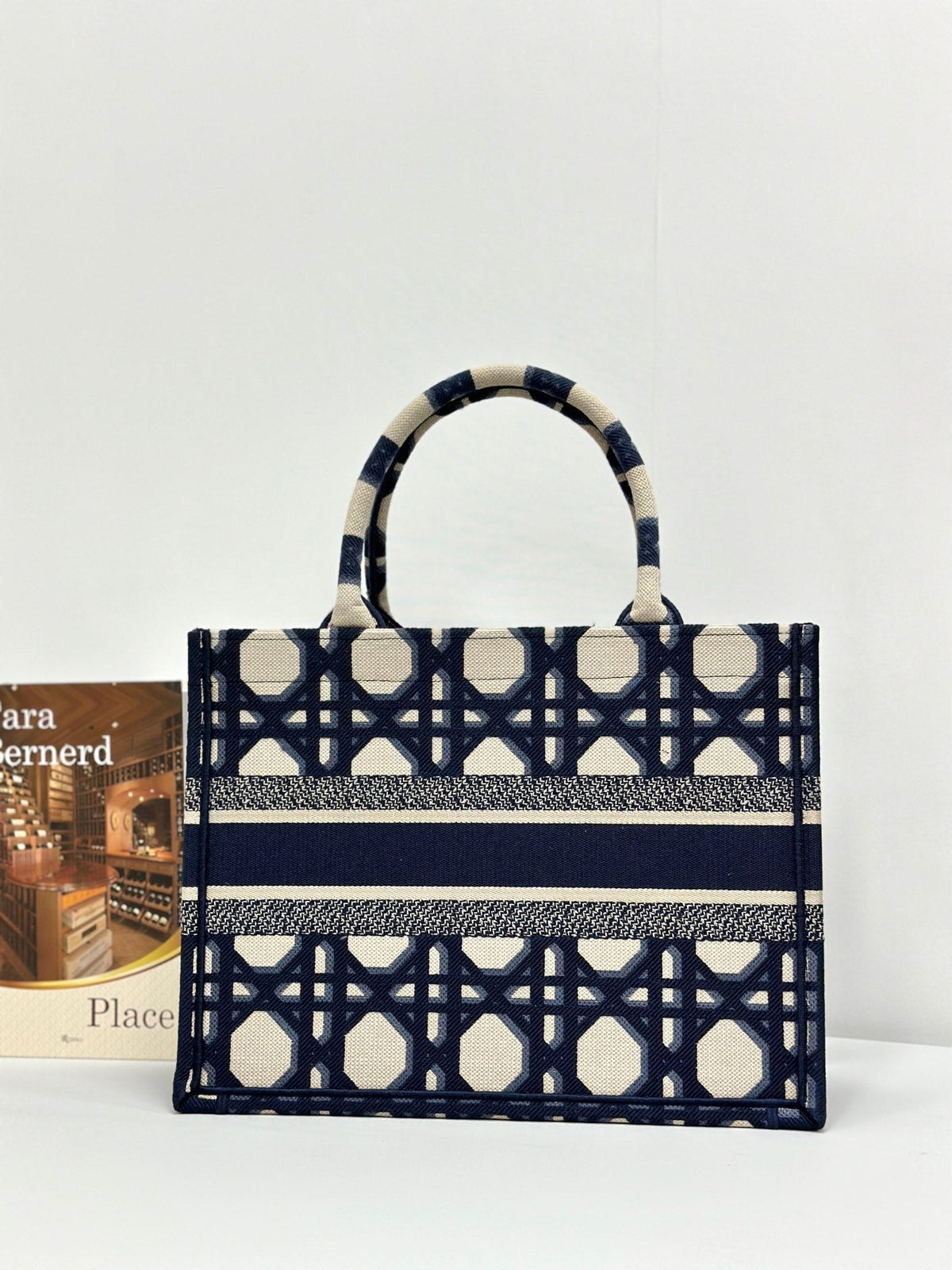 DIOR MEDIUM BOOK TOTE 37 BEIGE AND BLUE MACROCANNAGE EMBROIDERY