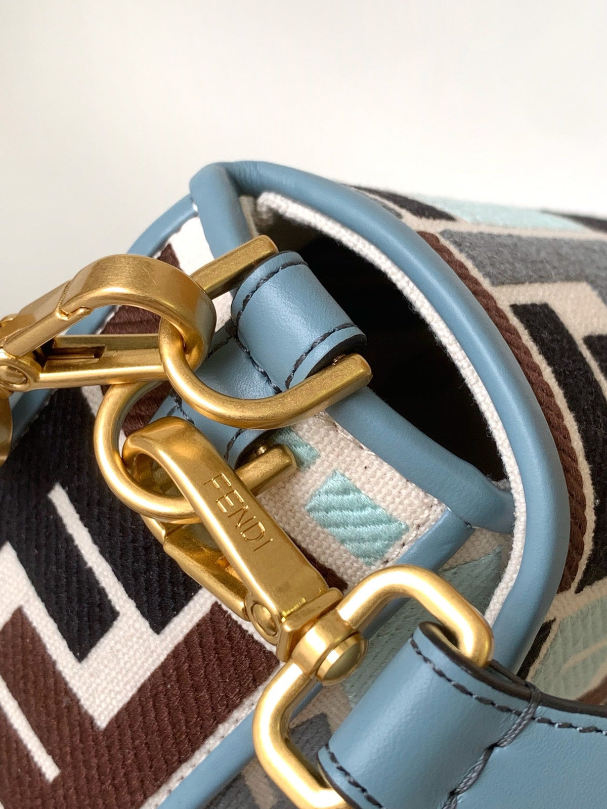 FENDI Fend Baguette Sky Blue and Multicolour Canvas Bag 27 with FF Embroidery Ghw