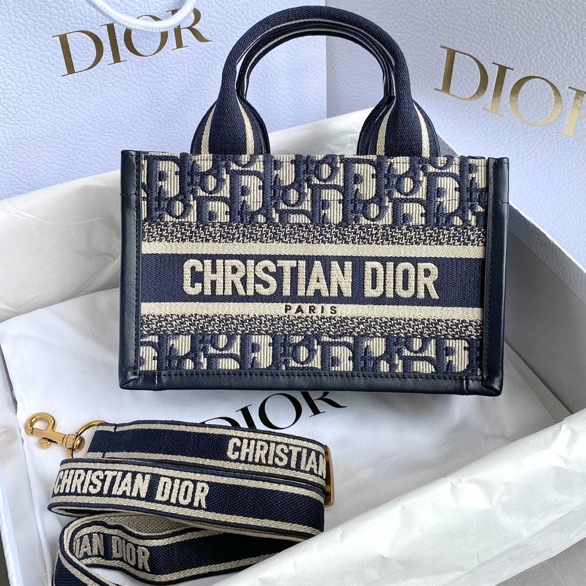 DIOR MINI BOOK TOTE 21 BLUE OBLIQUE EMBROIDERY