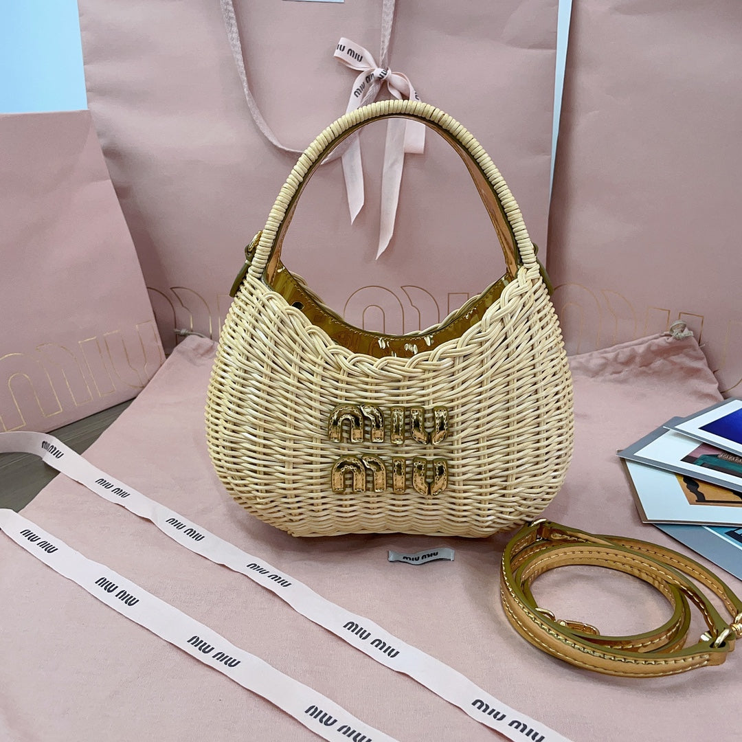 MIU MIU WANDER WICKER BAG 20 IN TAN RATTAN