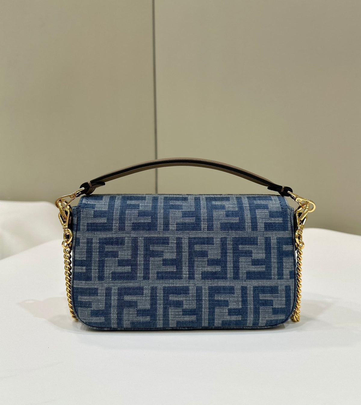 FENDI BAGUETTE MINI 19 BAG IN CERULEAN BLUE MONOGRAM DENIM WITH GOLD HARDWARE