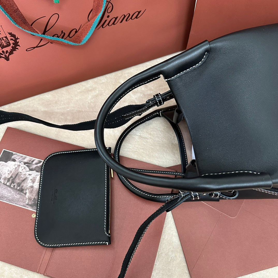 LORO PIANA SMALL 21 BALE BAG IN FULL BLACK GRAINED CALFSKIN WITH GOLD HARDWARE