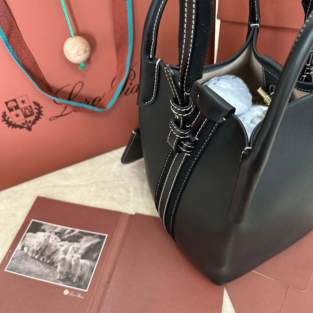 LORO PIANA SMALL 21 BALE BAG IN FULL BLACK GRAINED CALFSKIN WITH GOLD HARDWARE