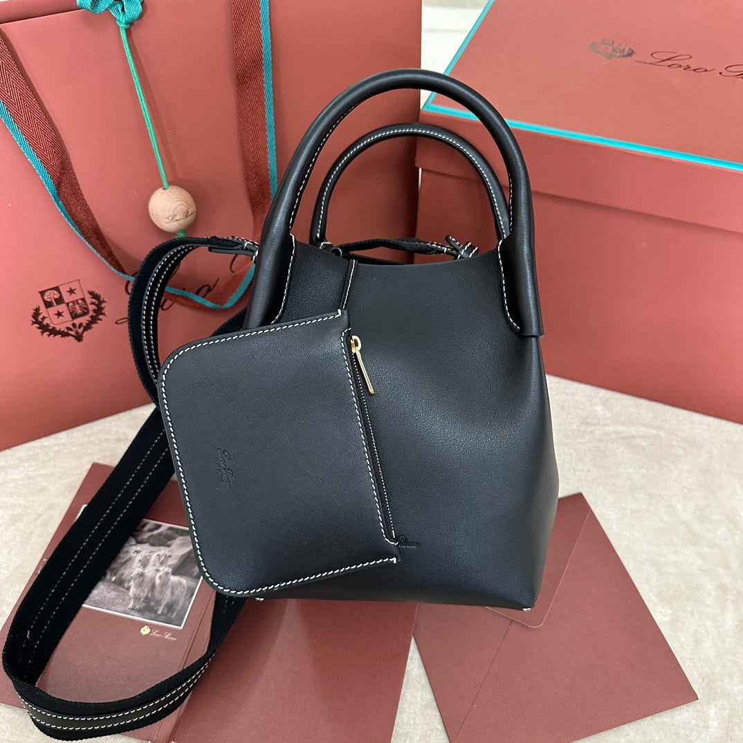 LORO PIANA SMALL 21 BALE BAG IN FULL BLACK GRAINED CALFSKIN WITH GOLD HARDWARE