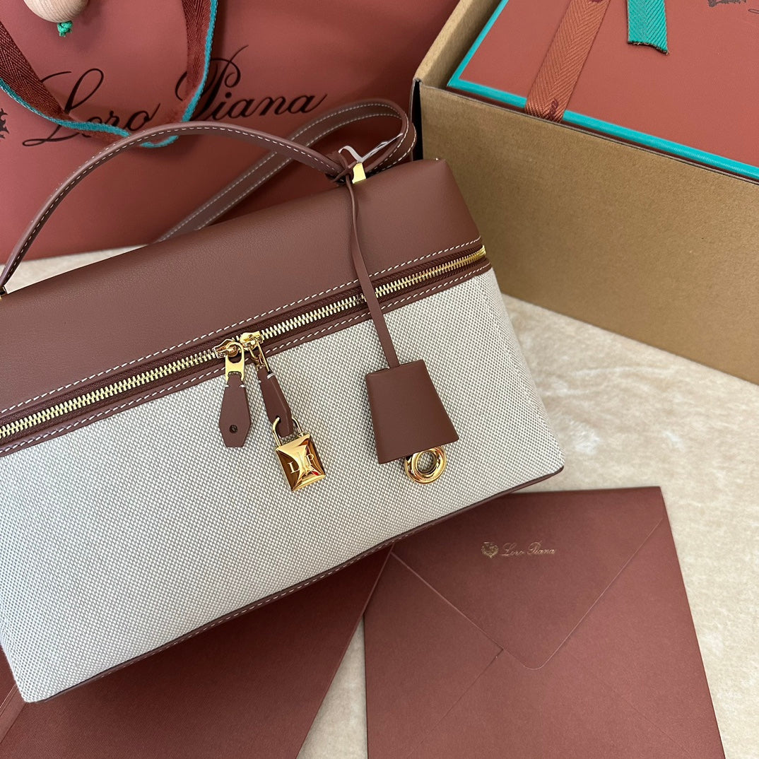 LORO PIANA EXTRA BAG L27 IN WHITE CANVAS AND RED BROWN CALFSKIN WITH GOLD HARDWARE