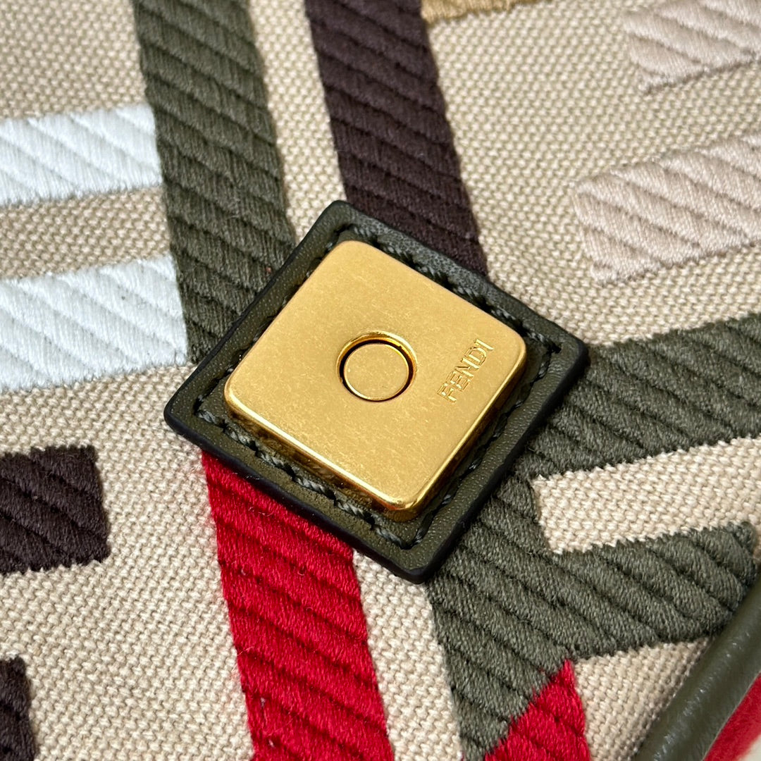 FENDI BAGUETTE CANVAS 19 BAG WITH MULTICOLOUR FF EMBROIDERY GOLD HARDWARE