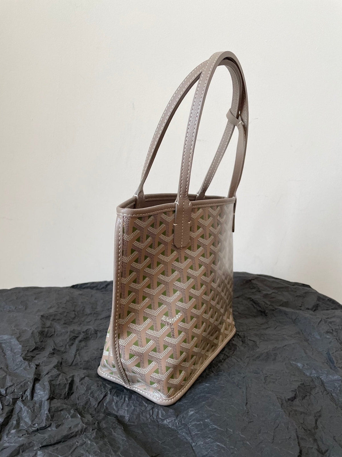 GOYARD ANJOU MINI BAG 20 IN GREY MIX GREEN GOYARDINE CANVAS AND CALFSKIN