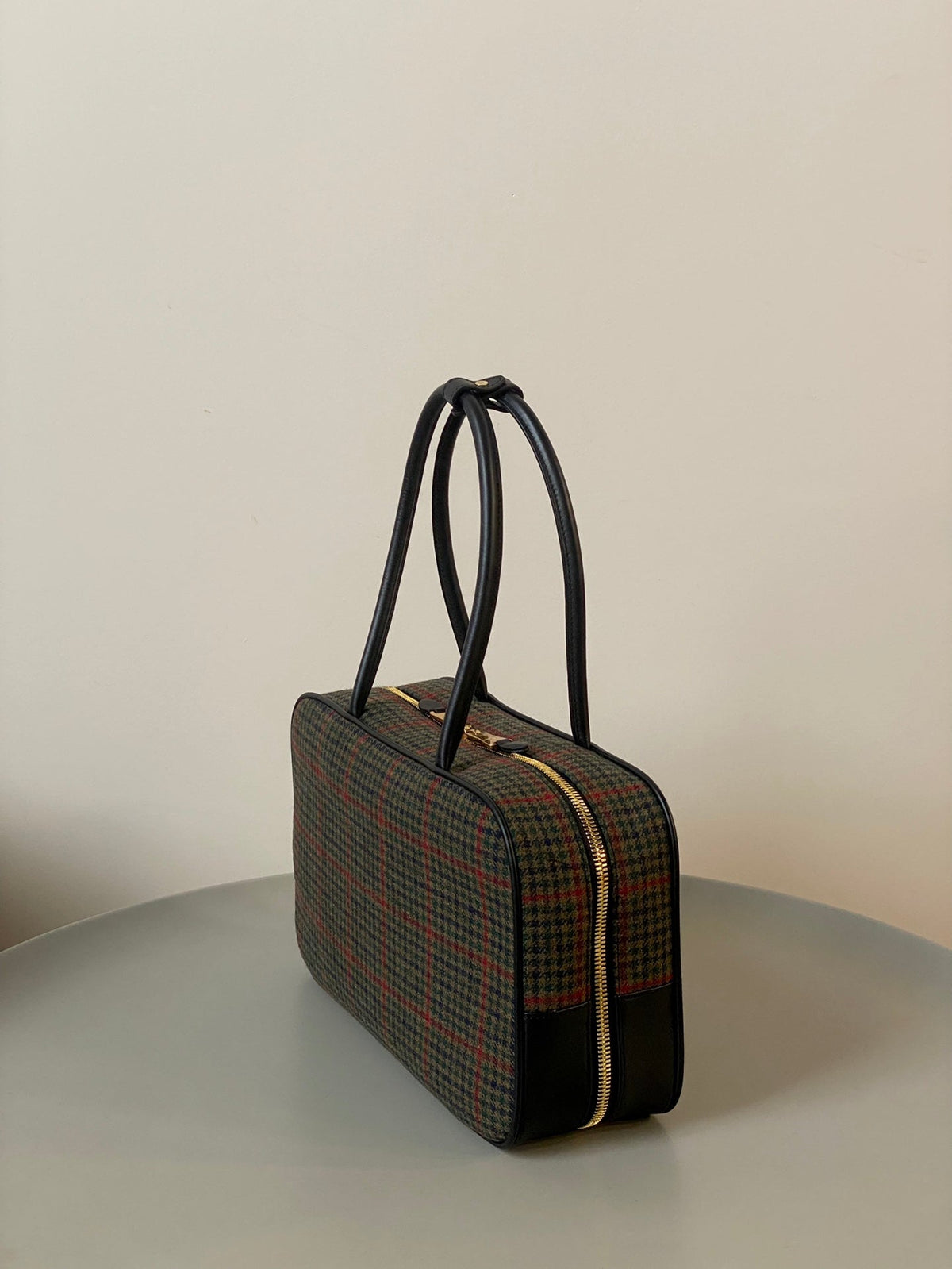 MIU MIU BEAU TOP HANDLE BAG 34 IN LODEN GREEN TARTAN AND BLACK LEATHER TRIM