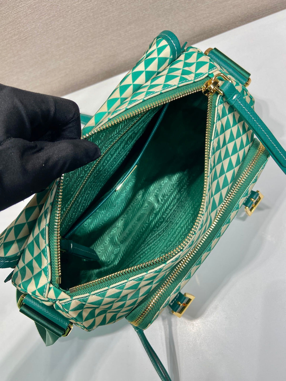 PRADA MESSENGER BAG 25 IN FOREST GREEN MIX CREAM TRIANGLE PATTERN EMBROIDERED FABRIC